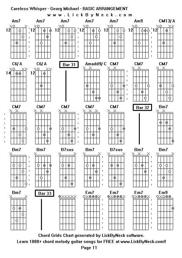 Chord Grids Chart of chord melody fingerstyle guitar song-Careless Whisper - Georg Michael - BASIC ARRANGEMENT,generated by LickByNeck software.